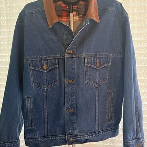 Vintage Marlboro Country Store 100% Cotton Denim Jean Jacket Leather Collar